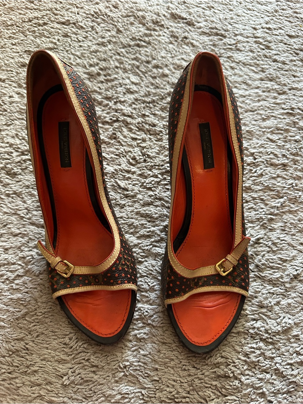 Louis Vuitton Monogram Perforated Peep Toe Heels Orange Size 39.5 Padlock - Picture 2 of 10